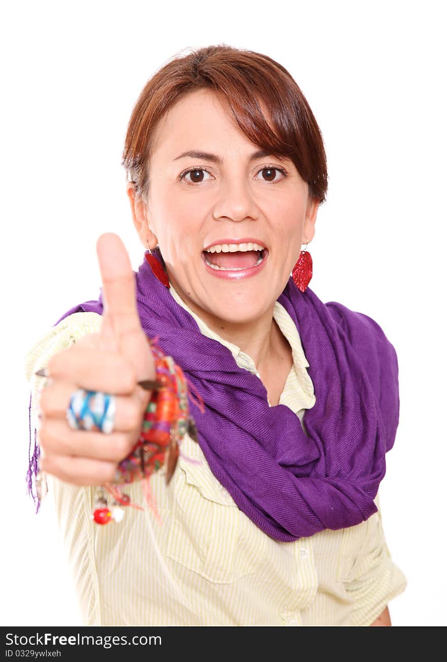 Woman smiling and looking at the camera, white background