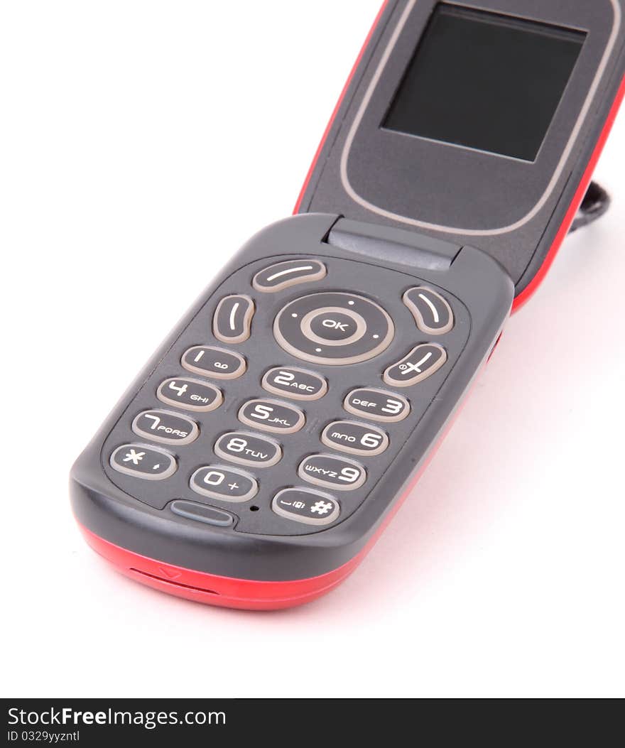 Black and red cell phone on white background, Keyboard numbers. Black and red cell phone on white background, Keyboard numbers