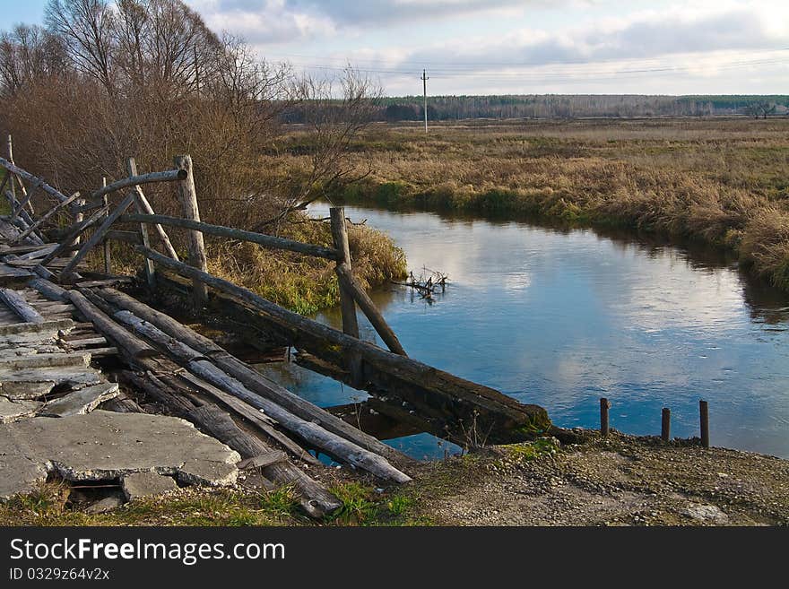 View on river from ramshackle bridge. View on river from ramshackle bridge