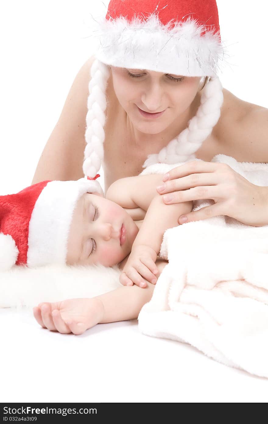 Mother and baby on white background in studio. Mother and baby on white background in studio