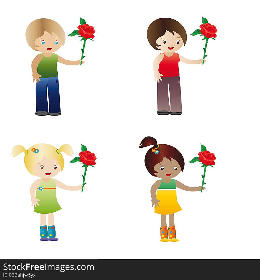 Happy children roses hands hold. Happy children roses hands hold