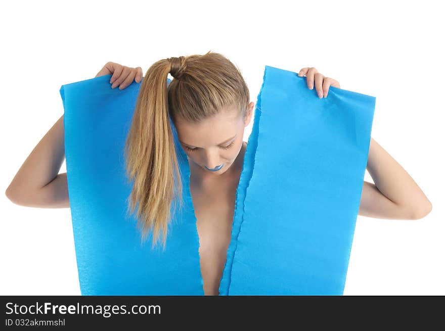 Young Woman With Blue Sheet Of Paper