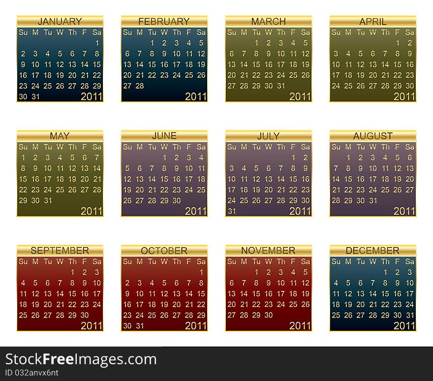 Calender for 2011 in gold and season colours isolated on white