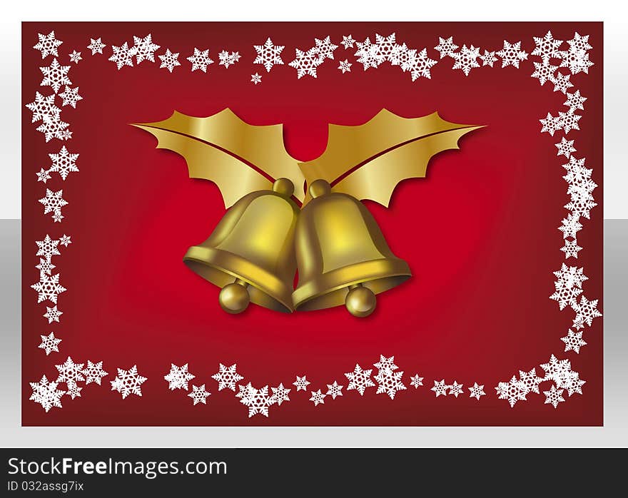 Golden bells with snowflakes over a red background. Golden bells with snowflakes over a red background