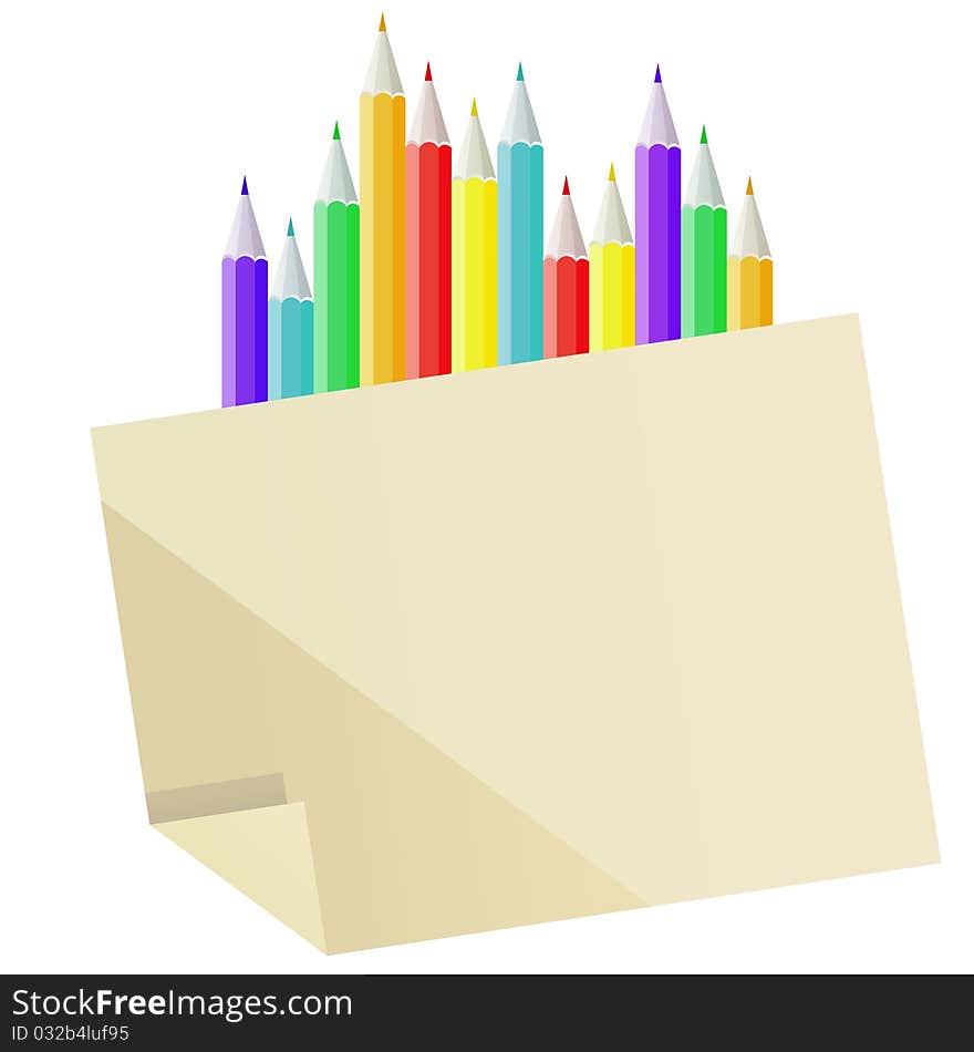 Blank paper and many-coloured pencils in row