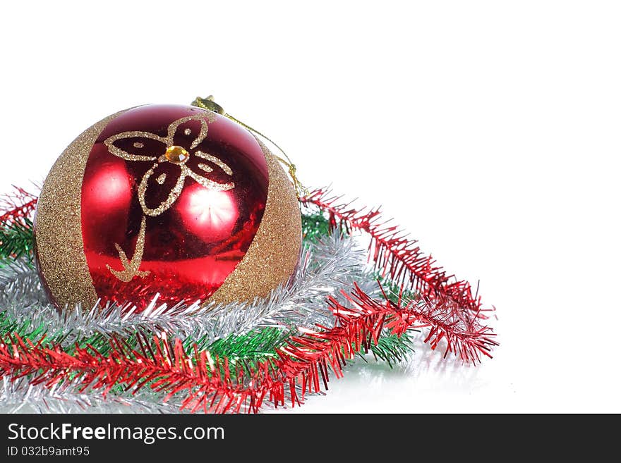 Red Christmas balls on white background