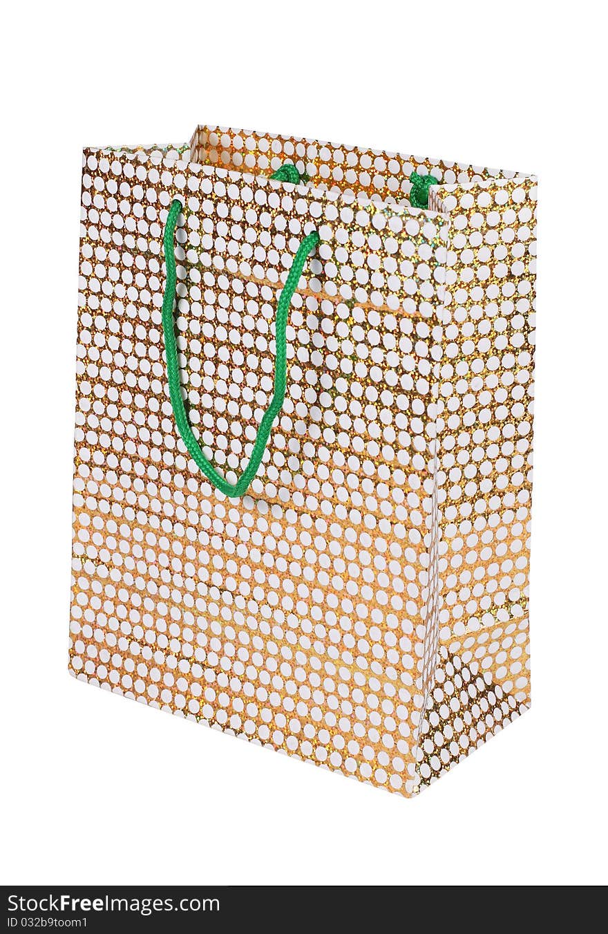 Still life of luxury paper bag over white background