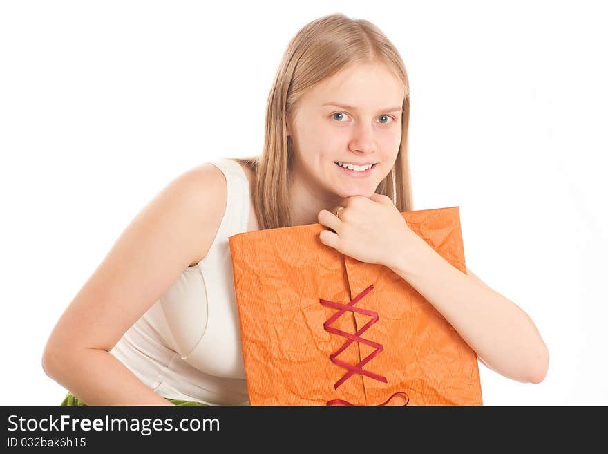 Woman sit with gift bag