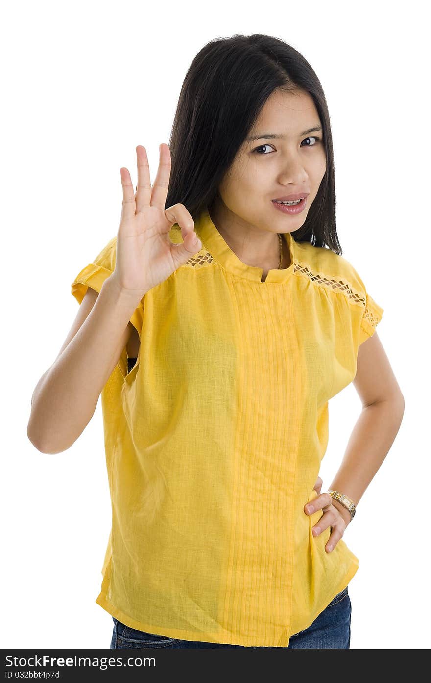 Beautiful young woman with ok sign, isolated on white background