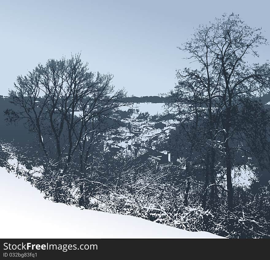 Vector image. Winter landscape with views of snow-covered trees, which are visible through the branches of city homes