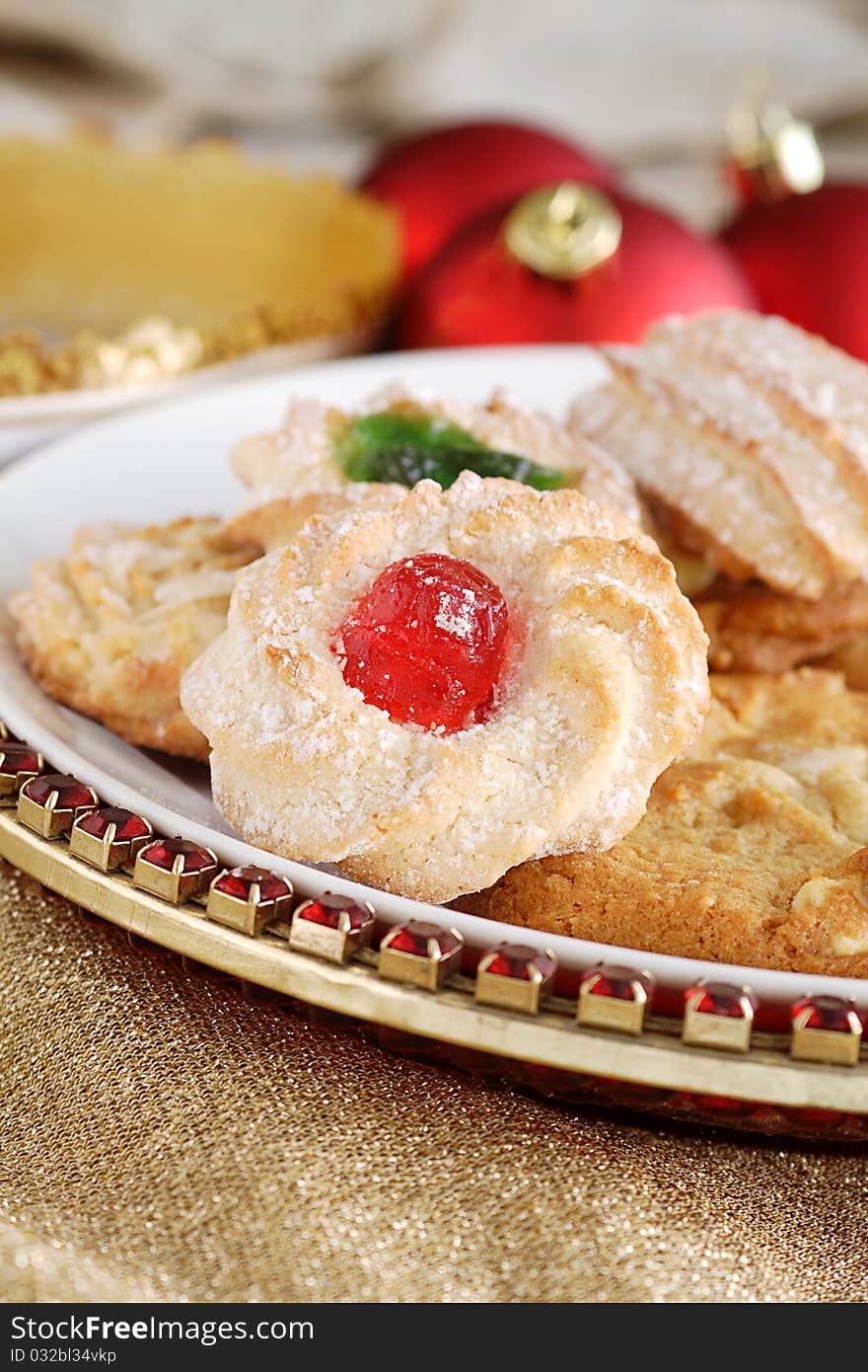 Variety of sweet treats for xmas including almond rounds and macadamia nut cookies. Variety of sweet treats for xmas including almond rounds and macadamia nut cookies