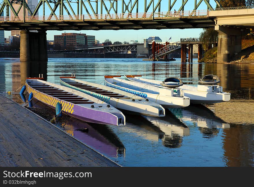 Dragon boats at sunset, Portland OR.