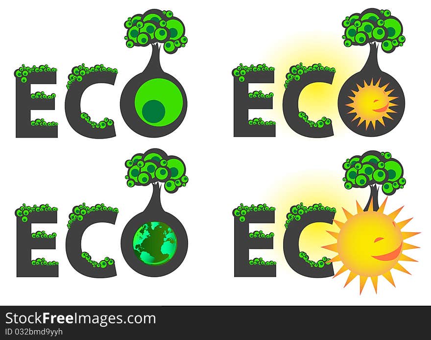 Four ecology logo concept with green tree and sun. Four ecology logo concept with green tree and sun