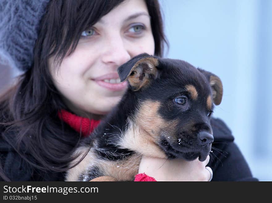 Girl and little dog - german sherherd