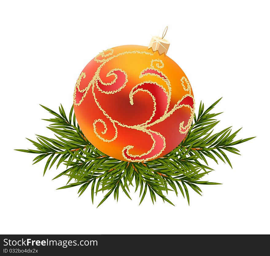 Vector Christmas ball with green New year tree background