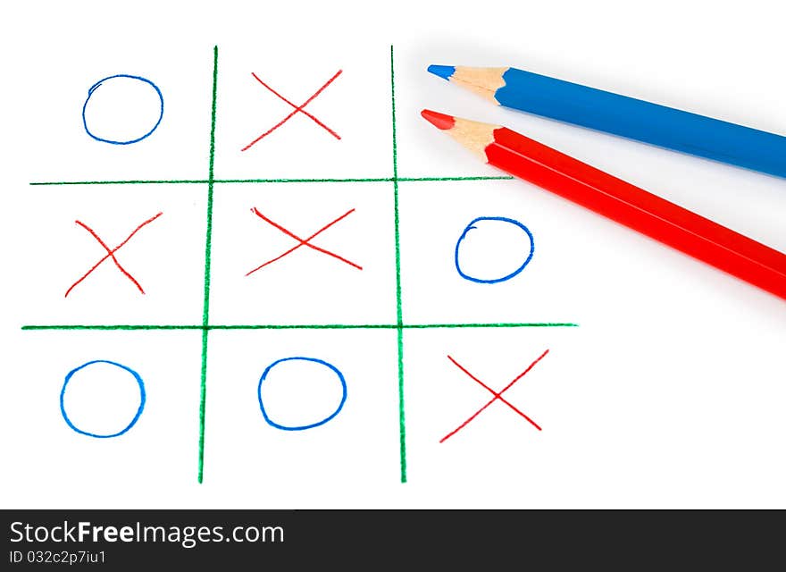 Noughts and crosses game isolated on white background