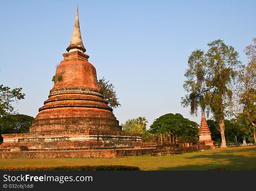 Ruins of the ancient temple in Sukhotai - the old capital of Thailand. Sukhotai historical park in Thailand.