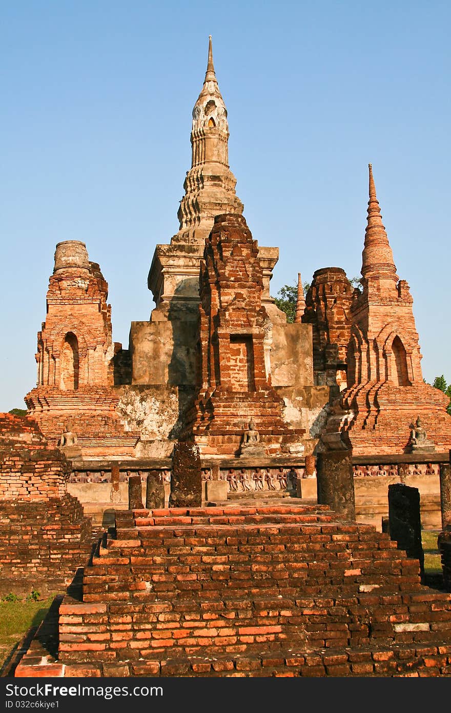 Ruins of the ancient temple in Sukhotai - the old capital of Thailand. Sukhotai historical park in Thailand.