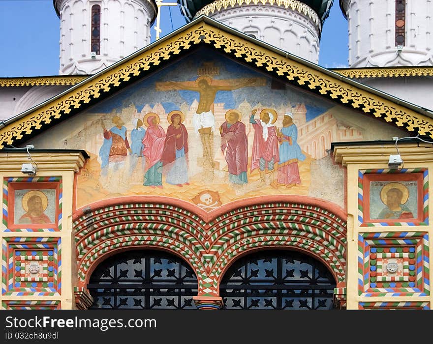 Fragment of ornament of facade of old chapel close up