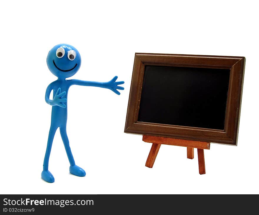 A smiling figure standing next to a blank blackboard on a white horizontal background. A smiling figure standing next to a blank blackboard on a white horizontal background