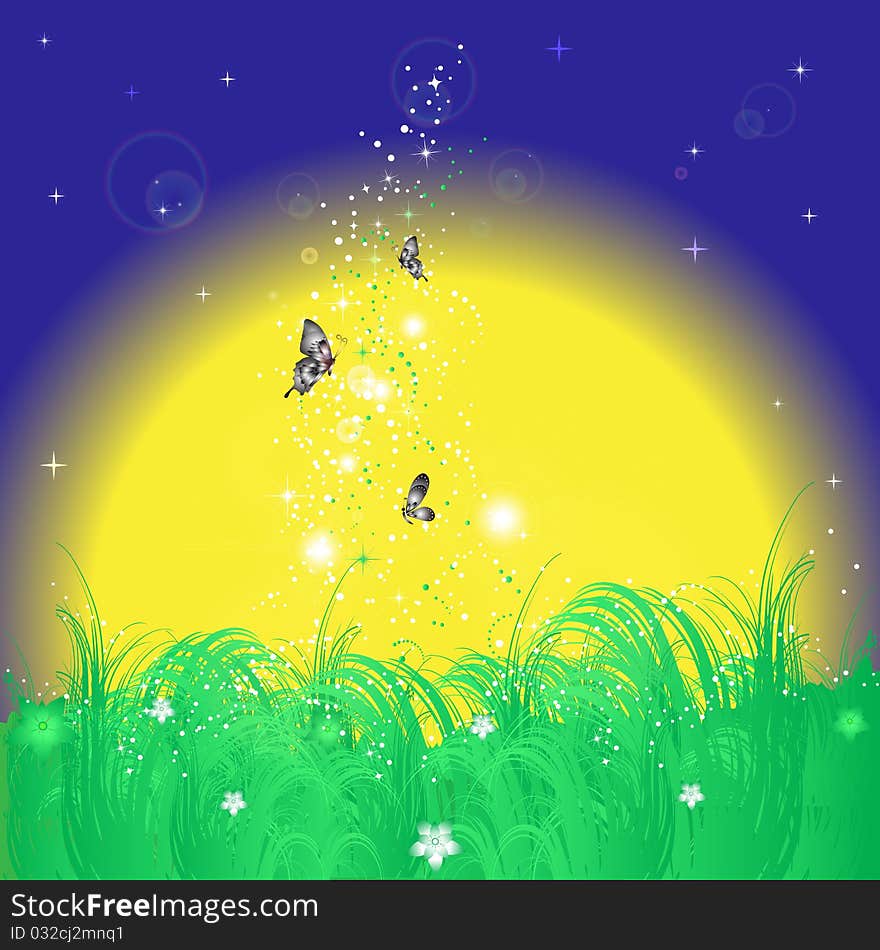 Butterflies soaring over the grass on the background of the moon, vector illustration, eps10. Butterflies soaring over the grass on the background of the moon, vector illustration, eps10