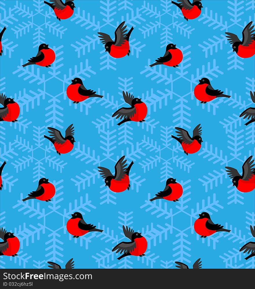 Pattern With Bullfinches And Snowflakes