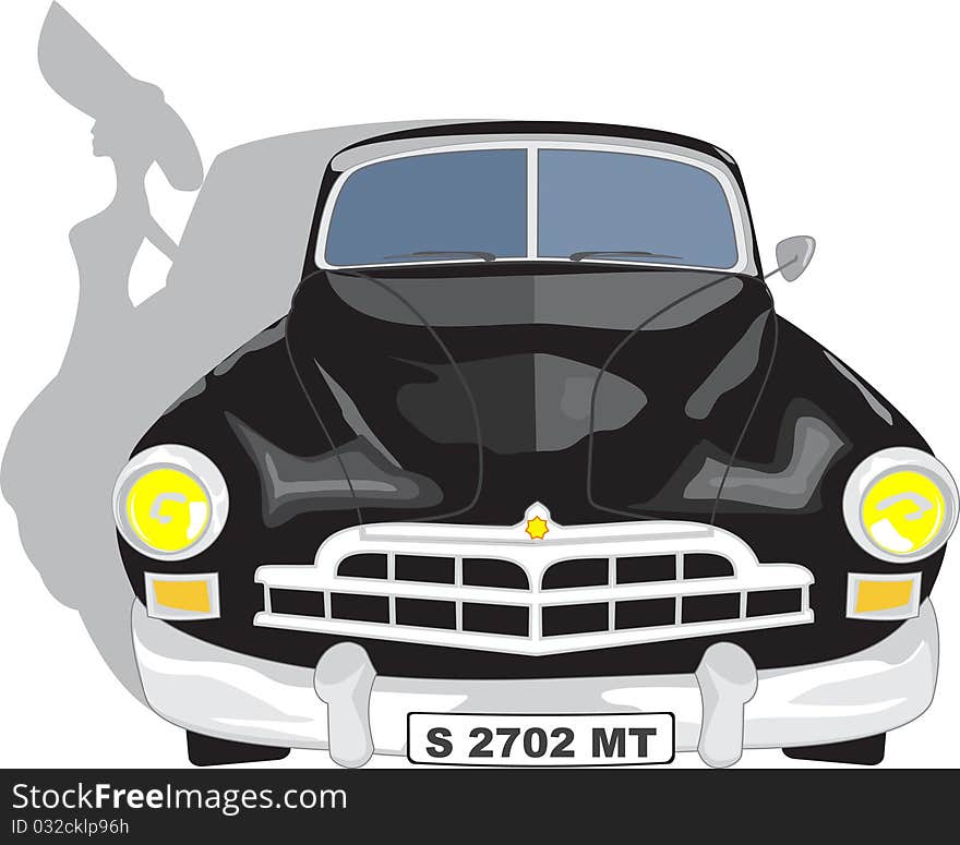 Vector image black car front view of 1930-1950's with a silhouette of a girl. Vector image black car front view of 1930-1950's with a silhouette of a girl