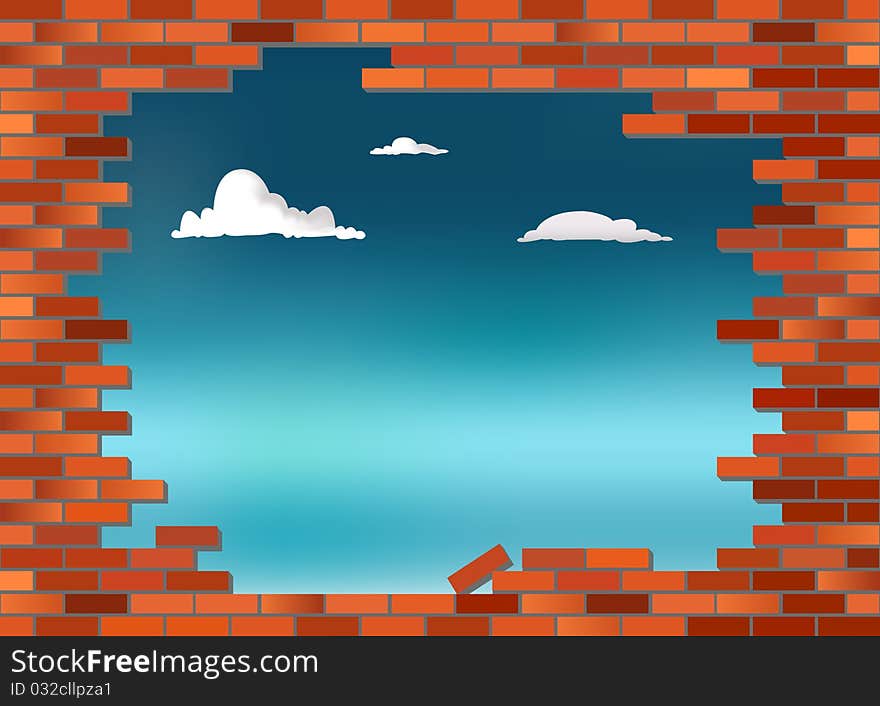 Retro red brick wall vector, partly collapsed with blue sky in background. Retro red brick wall vector, partly collapsed with blue sky in background