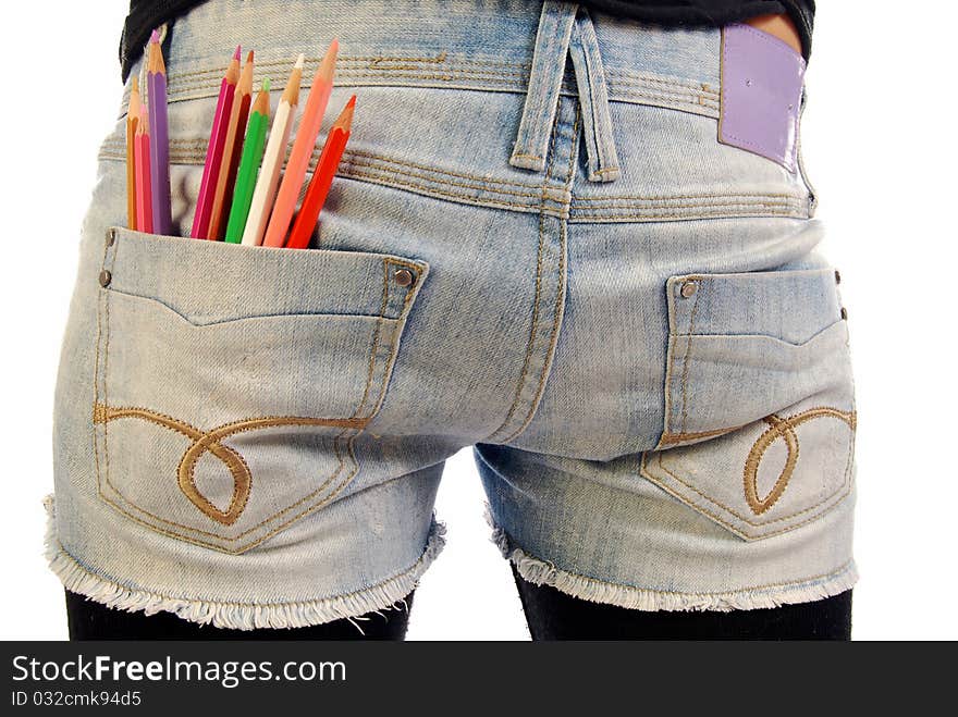 Colored pencils in the pocket of Jeans