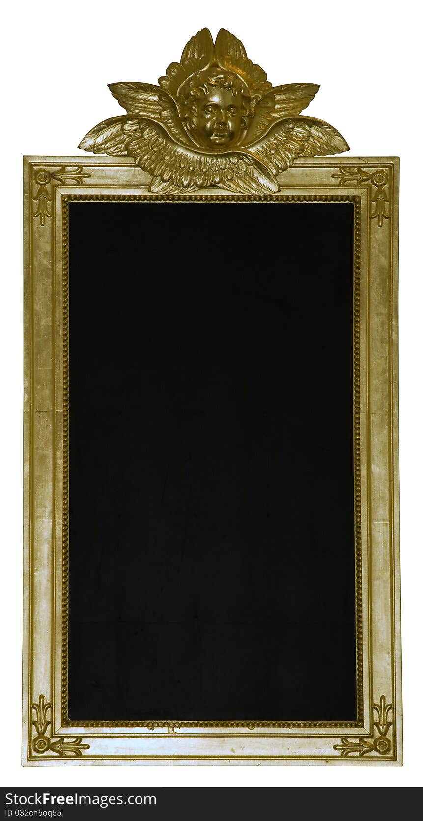 Empty blackboard with angel head centered on golden frame. Empty blackboard with angel head centered on golden frame