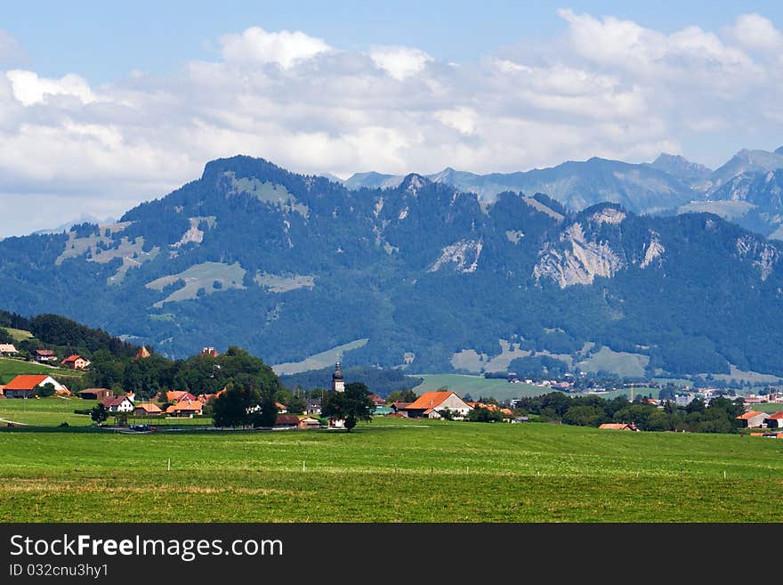 Swiss Alps landscape in a rural part of Switzerland.