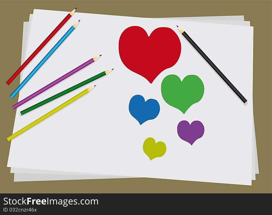 Six colored pencils paint a heart on a white sheet of paper. Six colored pencils paint a heart on a white sheet of paper