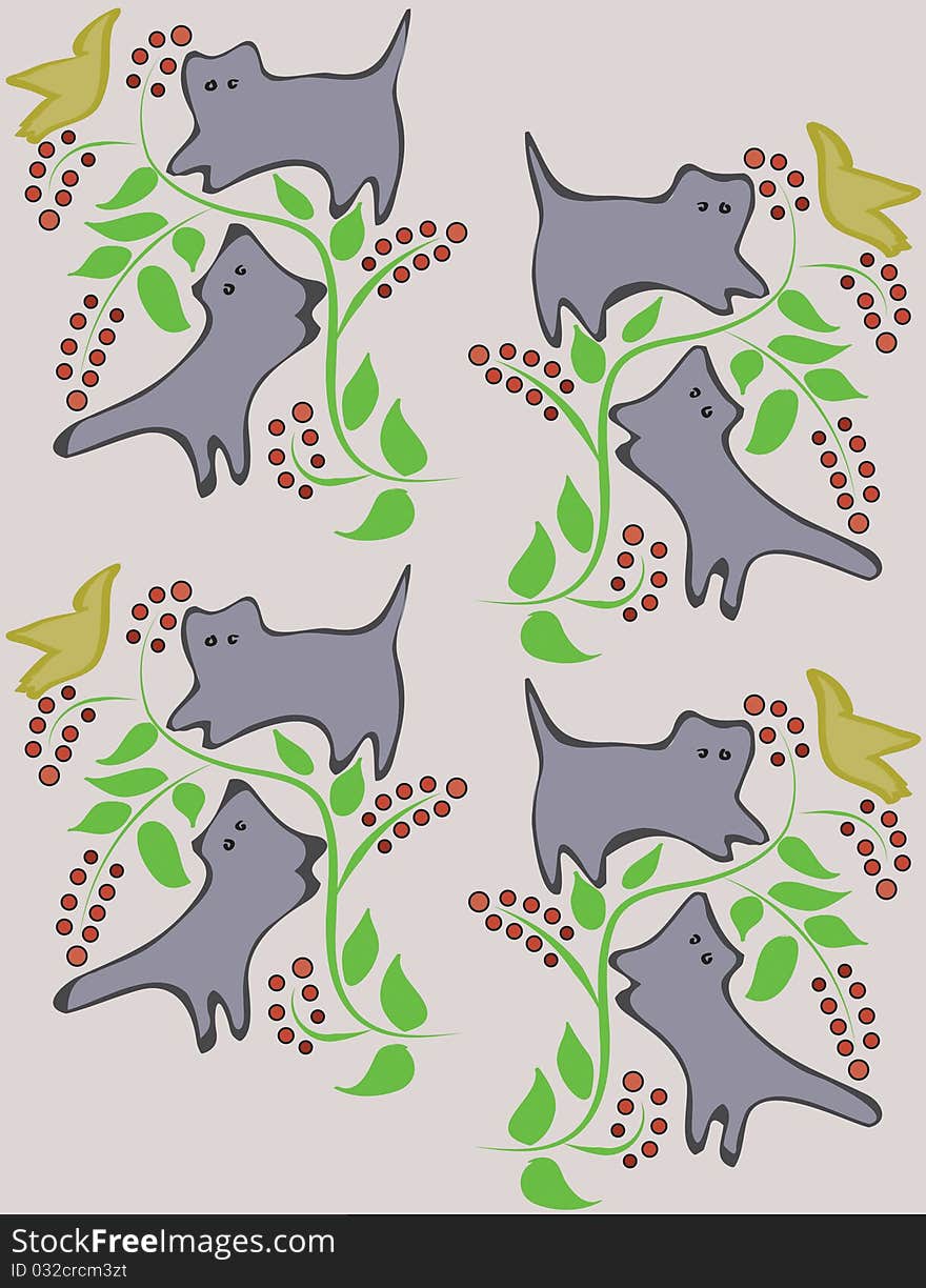 Funny background with cats on a tree trying to catch birds. Funny background with cats on a tree trying to catch birds.