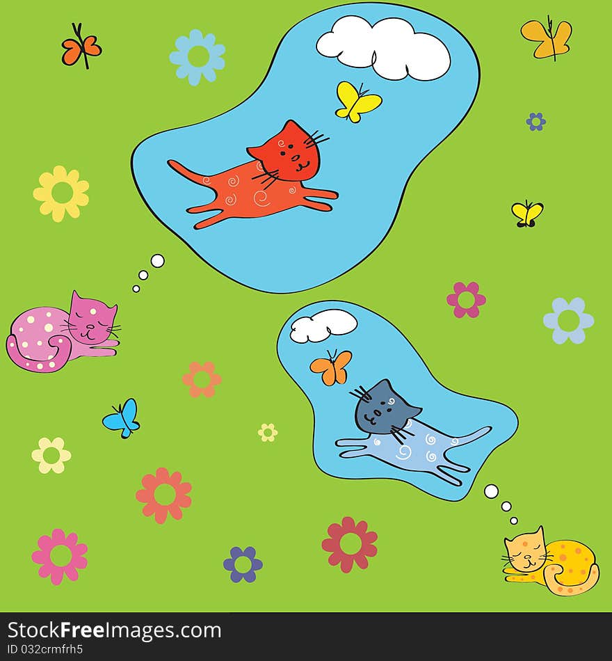 Background with cats, birds and butterflies.