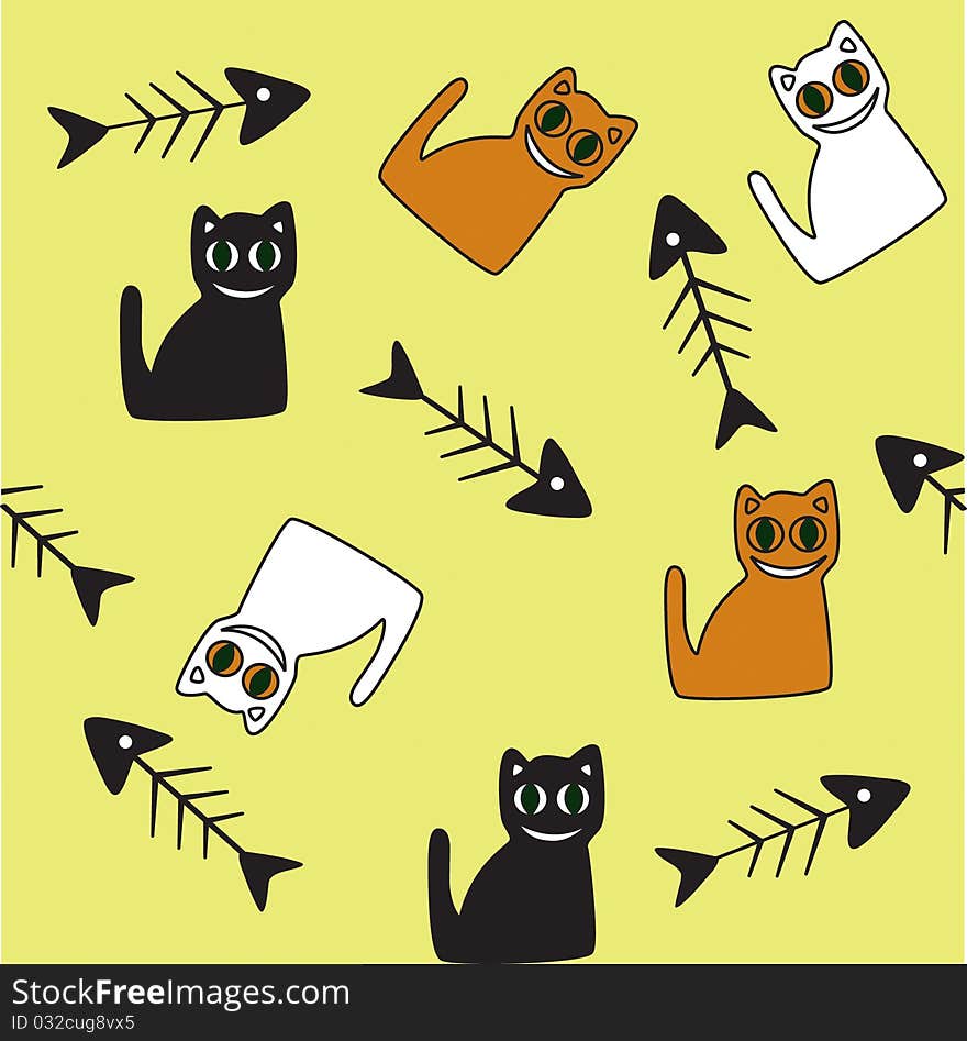 Funny seamless background with cats and fish skeletons.