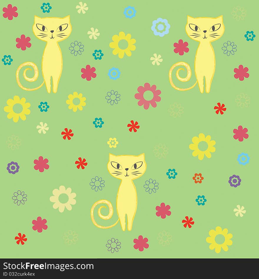 Seamless Cat And Flowers Background.