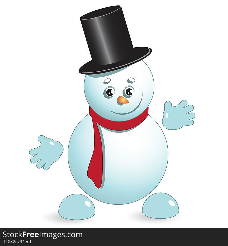 Illustration, new year's snowman in hat on white background