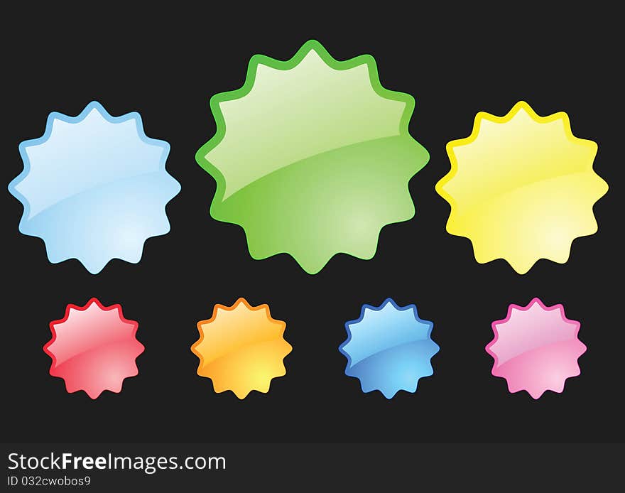 Seven color stickers on a black background