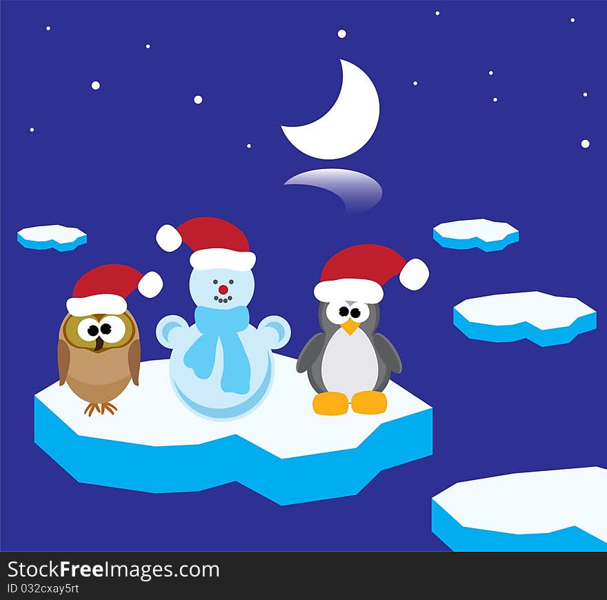 An Owl, A Penguin And A Snowman On The Ice Floe