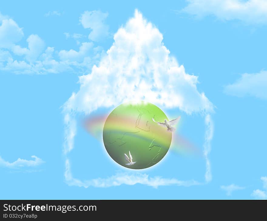 Illustration of Earth globe in house of clouds. Illustration of Earth globe in house of clouds