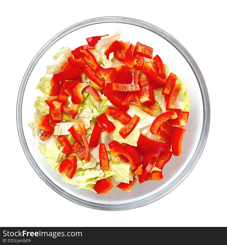 Healthy salad with vegetables in a stylish glass bowl isolated on white background. Healthy salad with vegetables in a stylish glass bowl isolated on white background