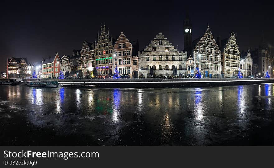 Ghent downtown panoramic view with ice reflections. Ghent downtown panoramic view with ice reflections