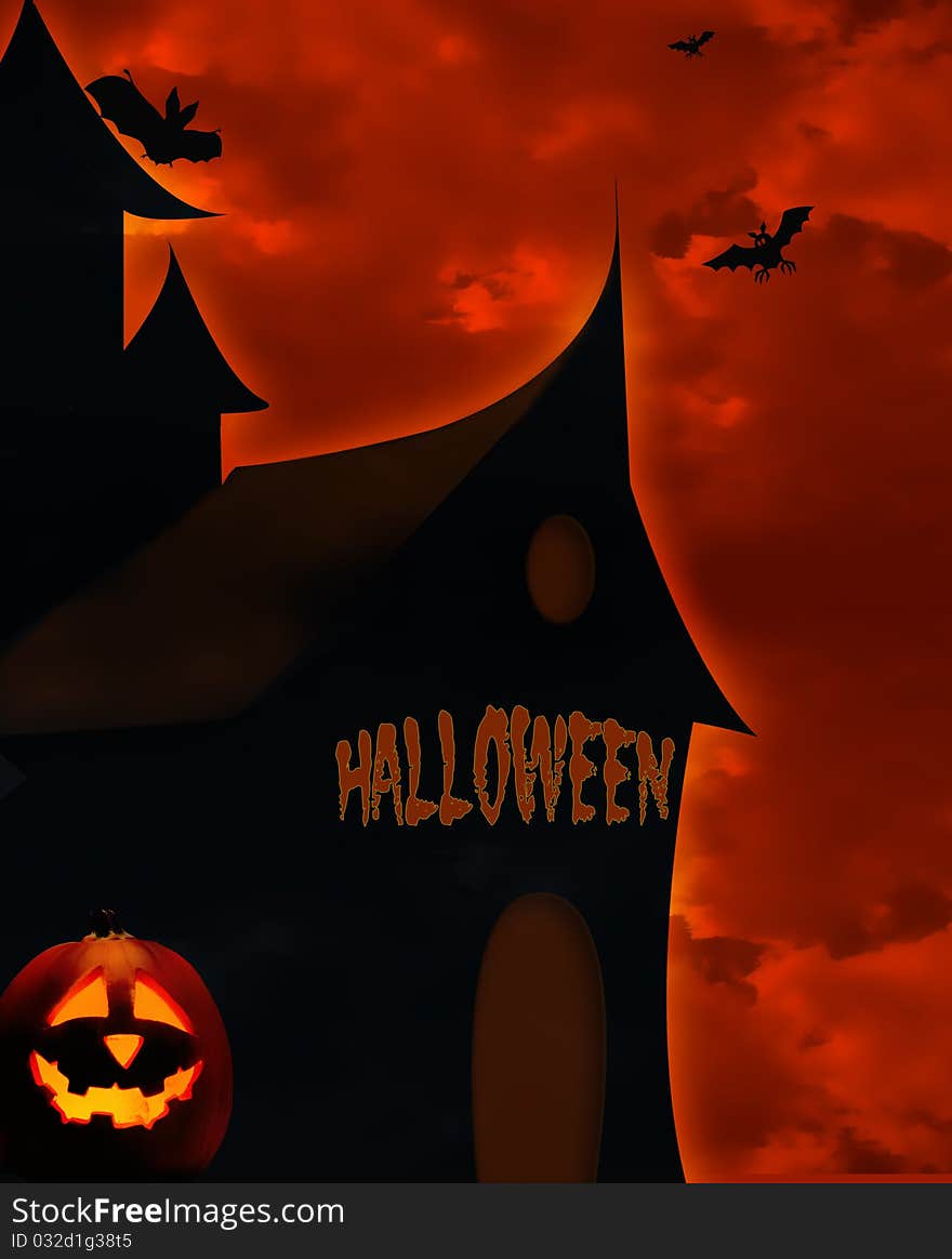 Background for Halloween with old house and bats