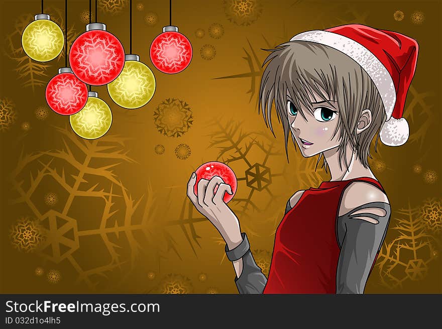 Anime style santa boy with christmas background