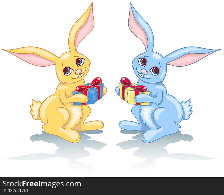 Two rabbits and gift. Blue and yellow. Isolated on white. Vector illustration.