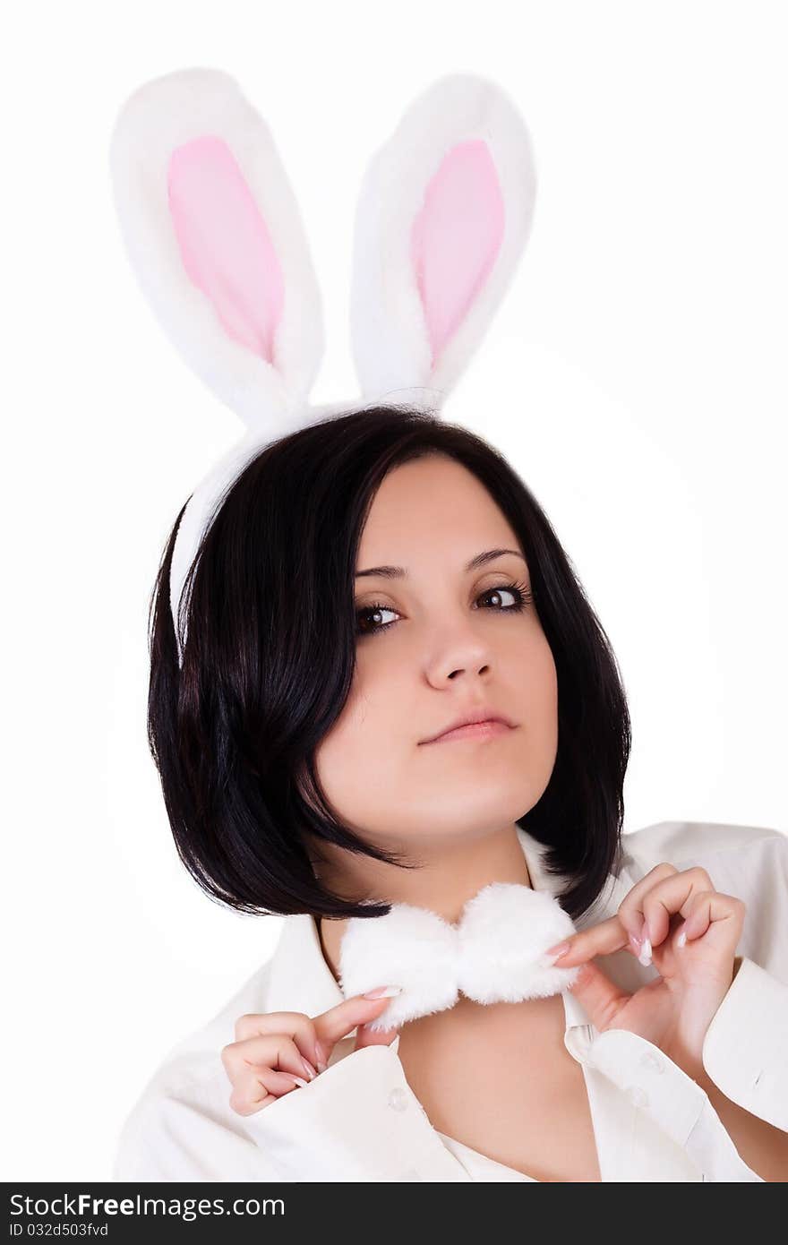 Portrait of a girl dressed as a rabbit on a white background. Portrait of a girl dressed as a rabbit on a white background