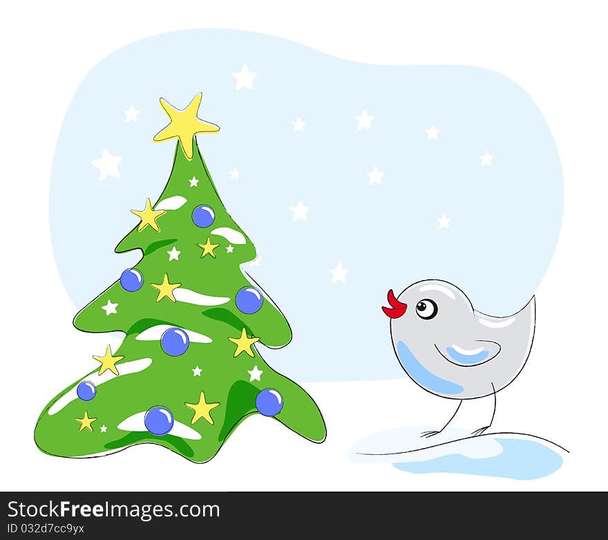 Bird looking at Christmas tree