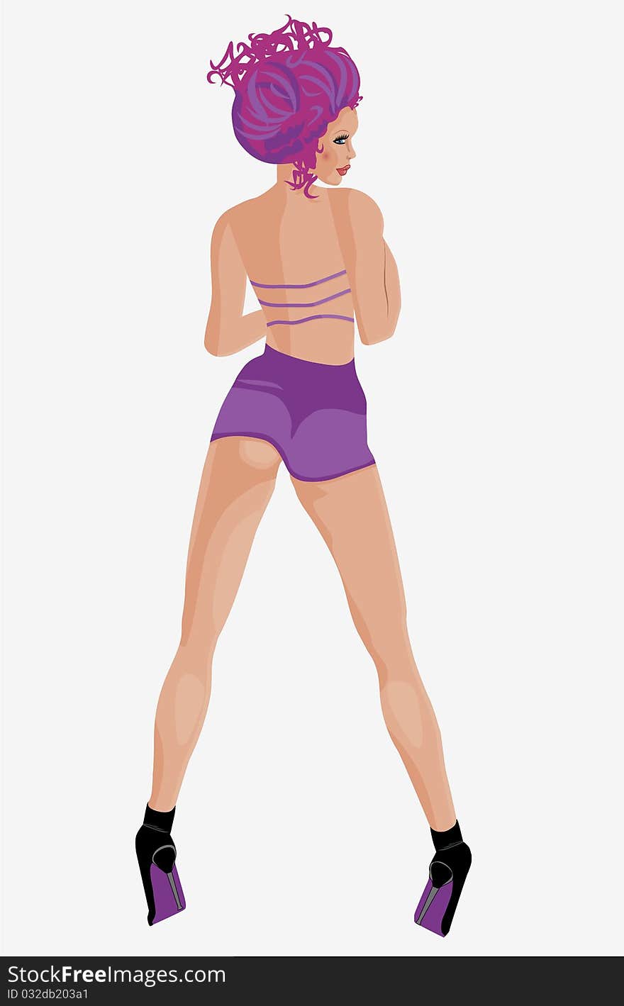 Illustration of a young woman with up-do purple hair, wearing a violet mini dress and high-heeled ankle boots. She is striking a provocative pose, looking over her shoulder. Illustration of a young woman with up-do purple hair, wearing a violet mini dress and high-heeled ankle boots. She is striking a provocative pose, looking over her shoulder.