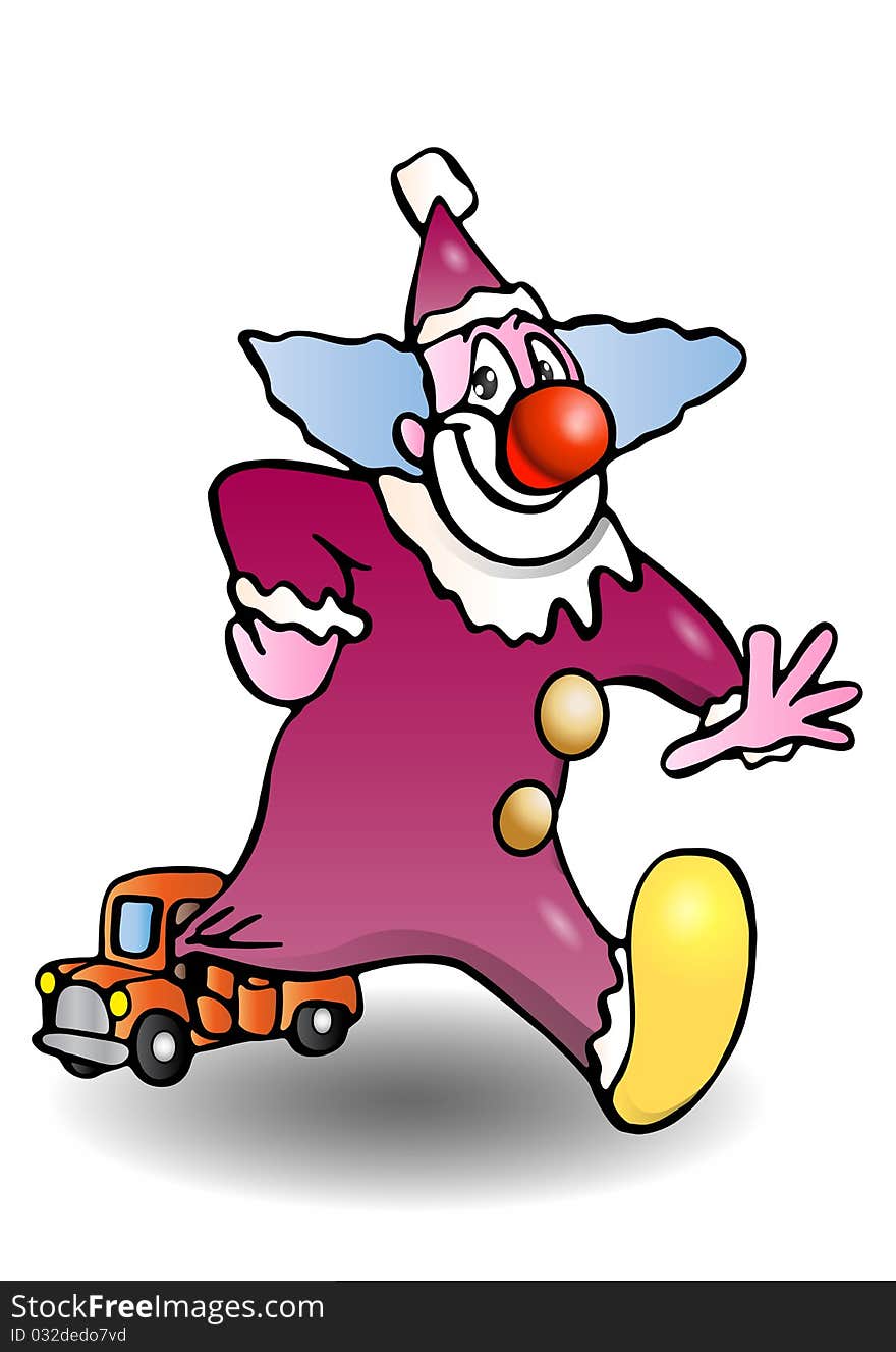 Purple funny clown come out from a tiny car illustration