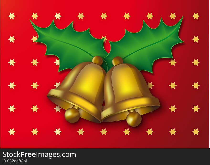 Golden bells with stars over a red background. Golden bells with stars over a red background